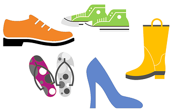 Illustrasjon av ulikt fottøy i forskjellige farger / Illustration of different footwear in different colors