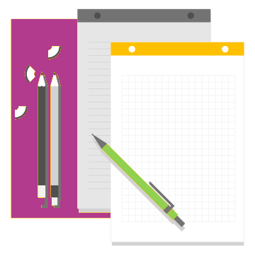 Illustration og notebooks, pens and pencils